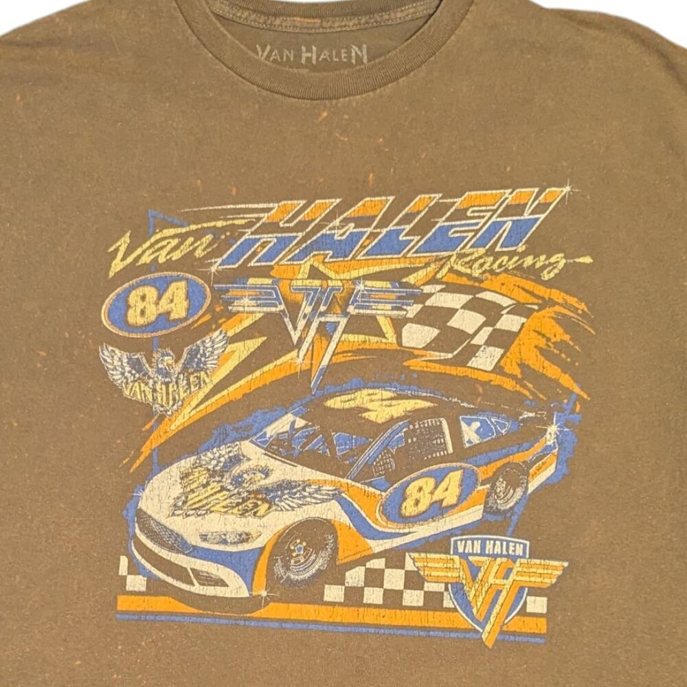 Van Halen Race Car 84 Retro Graphic Music T Shirt Brown Large Unisex Tee Shirt